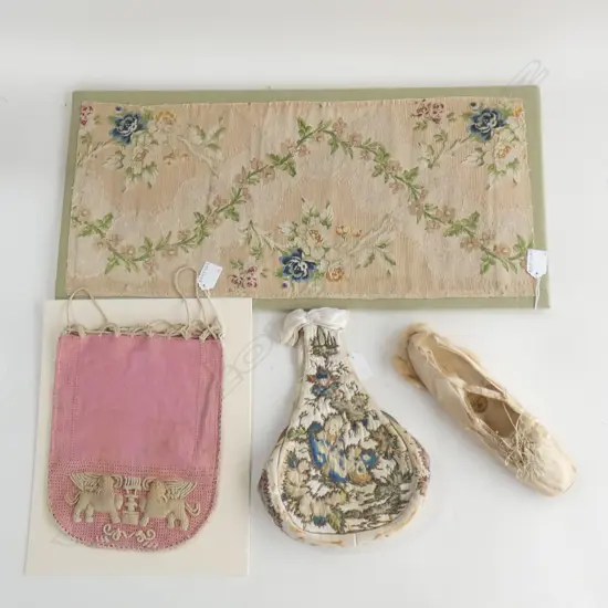 An 18thC silk brocade fragment, a pink Casalguidi embroidery bag, an antique silk shoe (AF) and an Oriental purse…